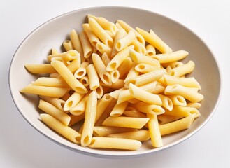 Close-up of cooked penne pasta in a white bowl on a clear background