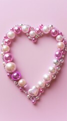 Obraz premium Heart shape formed from pink, white, and purple pearls on pink background