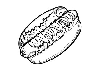 Hand drawn hot dog sketch with sausage and sauce vector illustration isolated on white background