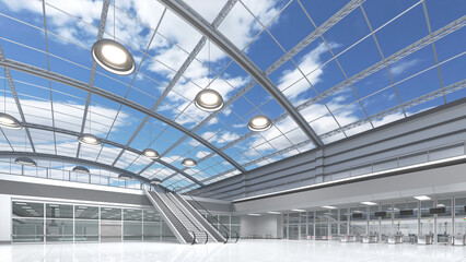 Shopping mall interior with store facades, escalators and a vaulted transparent roof overlooking the sky with clouds. 3d illustration