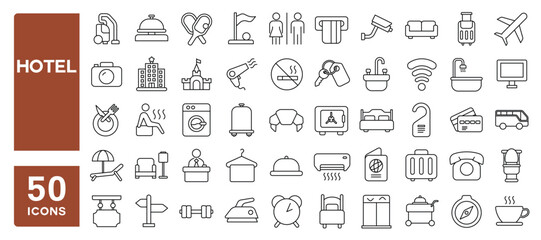 Set of 50 line icons related to hotel, hospitality, Luggage, room service, booking, Editable stroke. Vector illustration