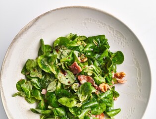 A fresh spinach salad with walnuts and bacon presented on a ceramic plate against a white background.
