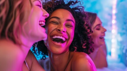 Fototapeta premium A group of friends laughing and bonding during a cryotherapy session enjoying the cooling and refreshing benefits for their skin.