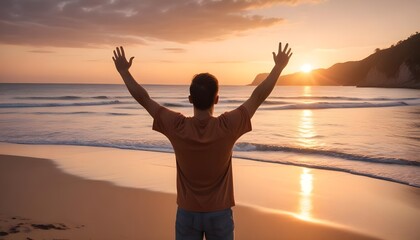 Fototapeta premium A traveling man raising up his arms in sunset at beach