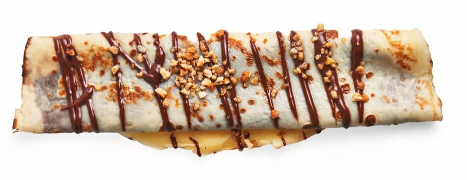 Close-up of a delicious crepe with chocolate syrup and nuts on a white background, ready for dessert or breakfast.