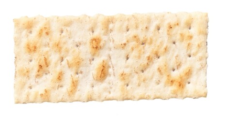 Close-up of a single rectangular matzo cracker isolated on a white background, symbolizing jewish passover traditions.