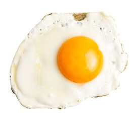 A close-up of a freshly cooked, sunny side up egg with a vibrant yolk isolated on a white background.