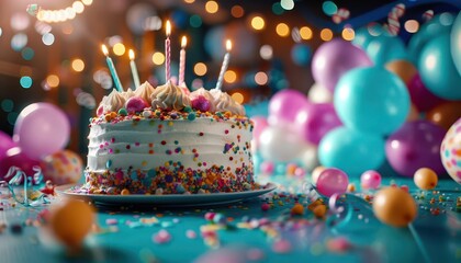 Lively birthday party celebration with colorful balloons and streamers