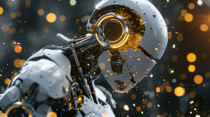 A broken mini robot with sparks is seen in this image. This cyborg's technology is futuristic and intelligent.