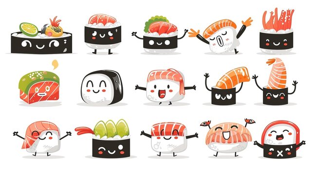 Delightful Assortment of Sushi Characters - Cute and Playful Food Illustrations