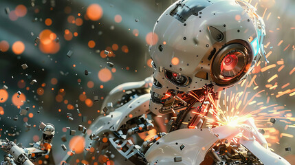 A broken mini robot with sparks is seen in this image. This cyborg's technology is futuristic and intelligent.