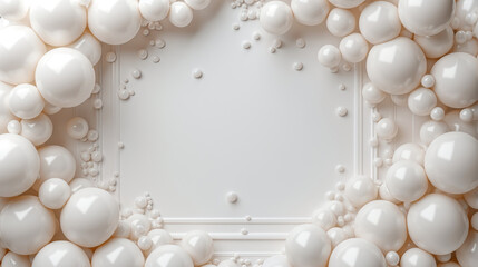 Party festive birthday photo zone with white balloons frame, copy space, banner, backdrop, background
