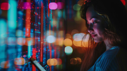 A woman immersed in finance research, data analytics, or a digital job at night, with a tech overlay and phone in her office. She could be a cybersecurity expert or fintech professional
