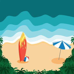 Vector landscape, background image of a tropical beach and surfs on the shore.