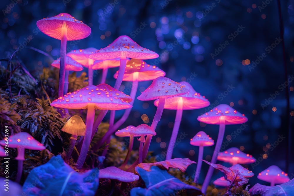 Wall mural pink mushrooms in the forest