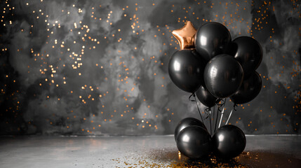 Golden and black air balloon with glitter confetti on black background. Luxury celebration backdrop with copy space. Stylish holiday design for greeting card, party poster, invitation, banner