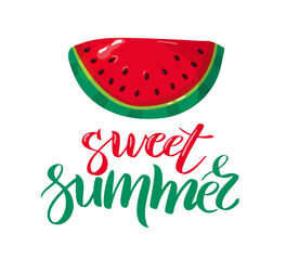 Sweet summer hand drawing calligraphy with watermelon slice. Vector illustration