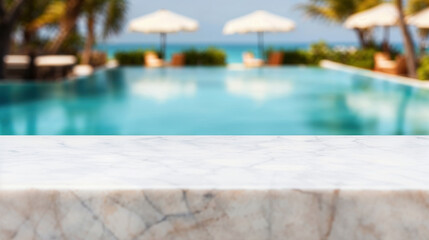 Fototapeta premium Empty marble tabletop offering a relaxing view of a luxurious resort pool