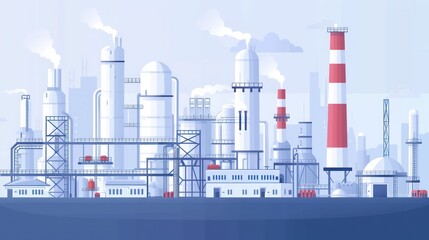 Obraz premium Illustrated industrial factory with white and red chimneys at dawn.