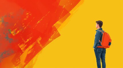 Boy with orange backpack gazing at abstract red and yellow artwork