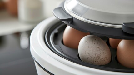 A macro shot of the egg cooker lids hinge mechanism allowing for easy opening and closing. The sy design ensures that the lid stays securely in place during cooking.