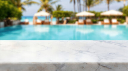 Fototapeta premium Luxurious resort backdrop with blurred swimming pool behind white marble tabletop for product display