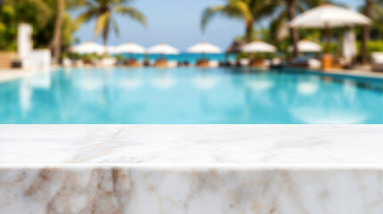 White marble countertop with a luxury hotel pool in the background