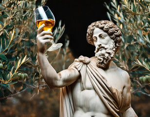 Obraz premium Ancient Greek statue with a glass of wine on his hand in olive tree grove at night