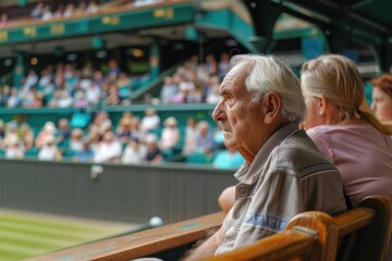 A man and woman sit on a bench in a stadium watching a tennis match. The man is balding and has a beard. The woman is wearing a pink shirt. The stadium is full of people watching the game