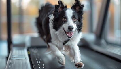 Active Border Collie dog running on a treadmill in a modern gym environment