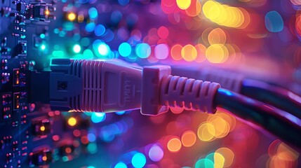 Closeup of glowing Ethernet cables in vibrant colors connected to a network switch, symbolizing data transfer and connectivity