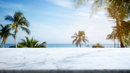 Fototapeta na wymiar Empty white marble table top on blurred tropical beach background with coconut palm trees
