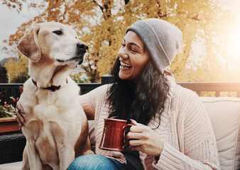 Smile, woman and dog on bench with coffee, happy and love in autumn. Female person, mental health...