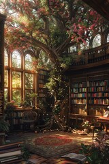 Obraz premium Magical tree library, sunlight streaming, cozy and enchanting