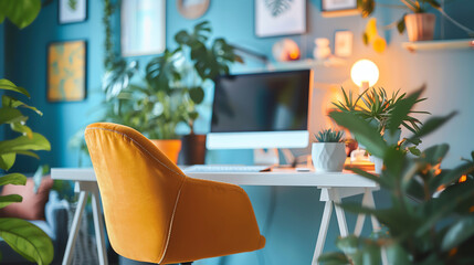 Modern home office with plants, bright light, colorful and organized