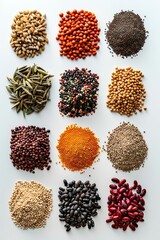 Top view of diverse grains and legumes arranged in rows on white background