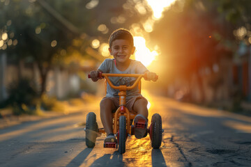 Boy riding a tricycle with a big smile on his face at sunset in the background with space for text or inscriptions
