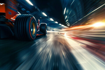 Formula 1 racing car speeds along the night road in the dark in motion with a close view of the rear wheel, with space for text
