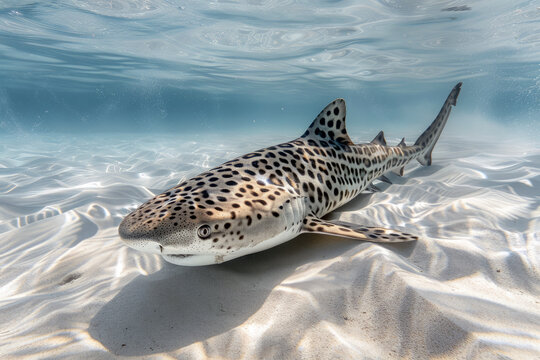 Leopard gecko swims near the sandy seabed underwater close up
