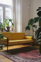 Living room interior with yellow sofa and green plants.