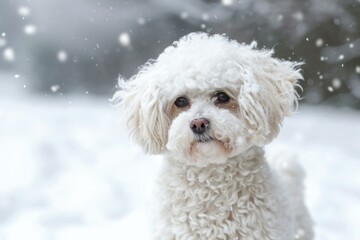 Affectionate Bitchon dog snow. Happy pet. Generate Ai