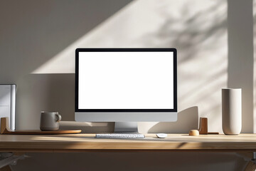 Fototapeta premium Desk with computer with white blank screen with space for text or graphics 