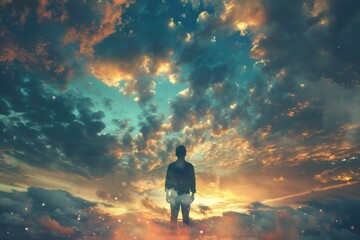 A man stands in the sky, looking up at the clouds. The sky is filled with clouds, and the sun is setting, creating a beautiful and serene atmosphere. The man is lost in thought