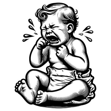 recommend clip art: intense emotion of a crying baby, with detailed expression and classic styling sketch engraving generative ai fictional character PNG illustration. Scratch board imitation. Black and white image.