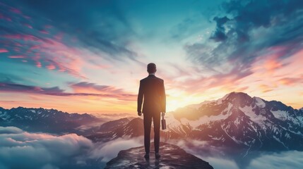 Obraz premium A man in a suit stands on a mountain top, looking out over the landscape. The sky is filled with clouds and the sun is setting, creating a serene and peaceful atmosphere