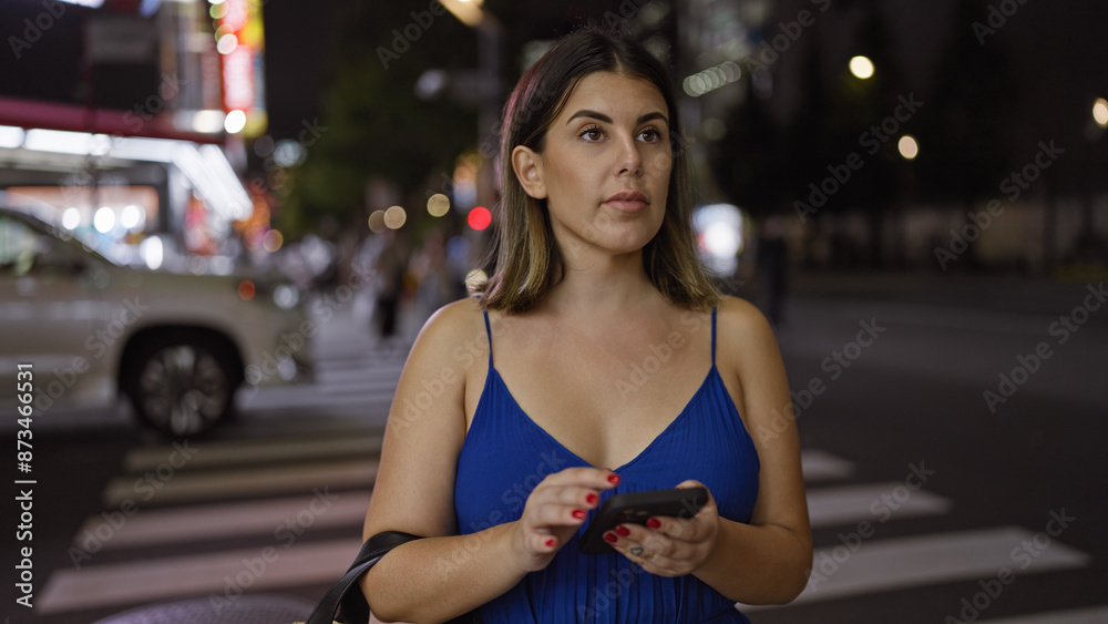 Poster Beautiful hispanic woman waiting for taxi on tokyo's streets at night, using phone app and enjoying city lights