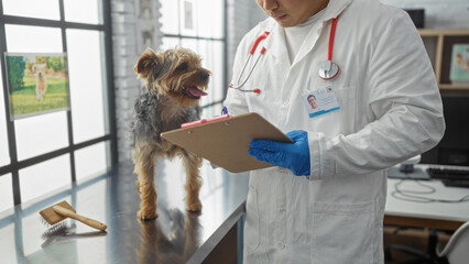 Young chinese man working as a vet in a clinic, examining a dog with a clipboard in a veterinary workplace setting.