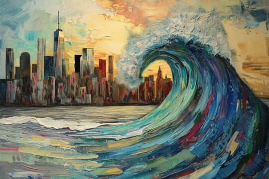 Powerful Big wave going city. Travel sky. Generate Ai