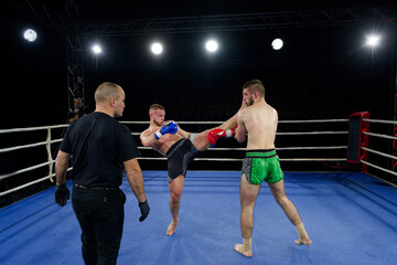 Kickboxing rivals unleash powerful leg strikes in a thrilling match.