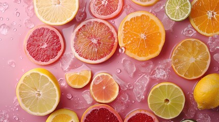 Fototapeta premium Juicy citrus fruits sliced on a pink background with fresh juice